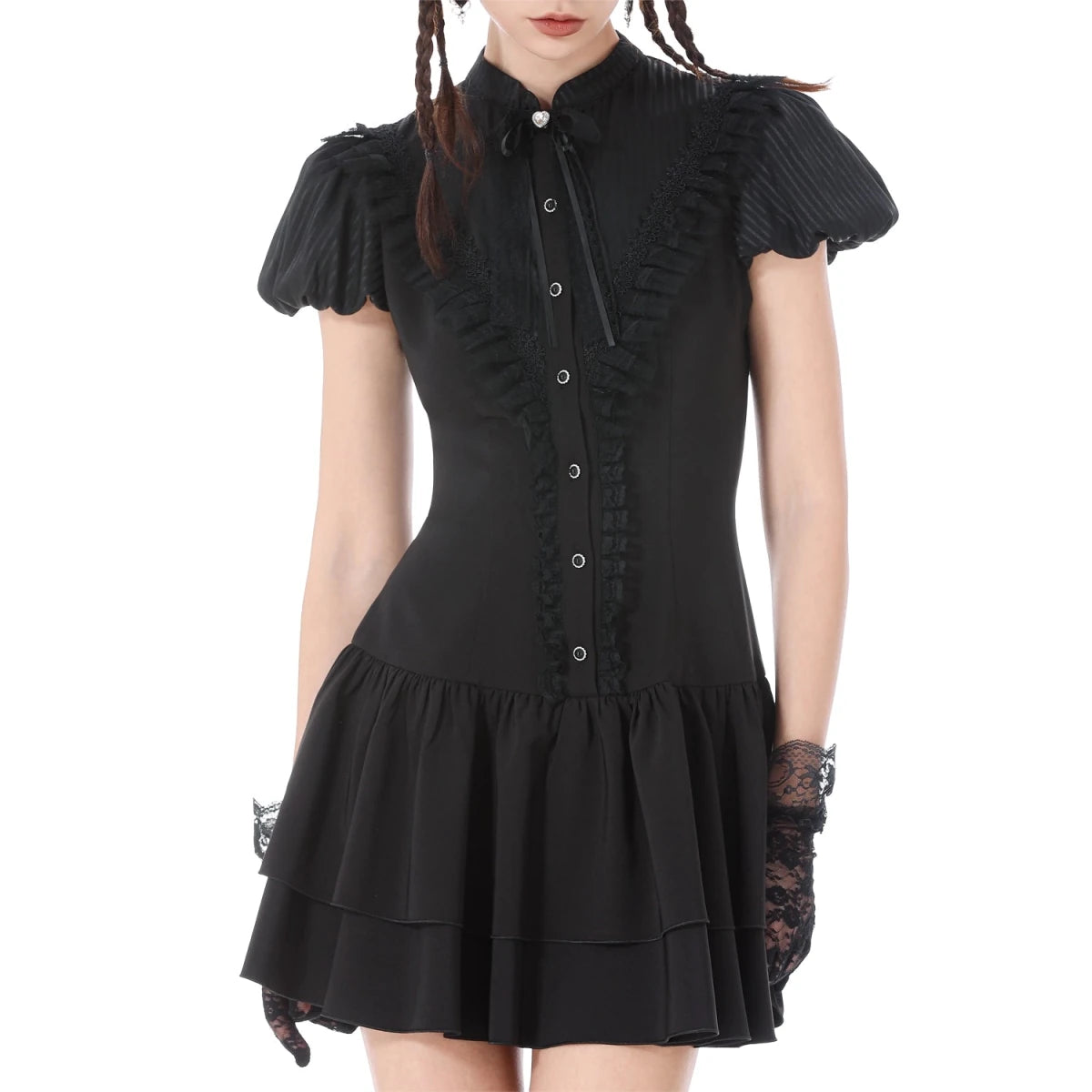 Vestido Mini con Pechera de Volantes y Lazos - Crazyinlove