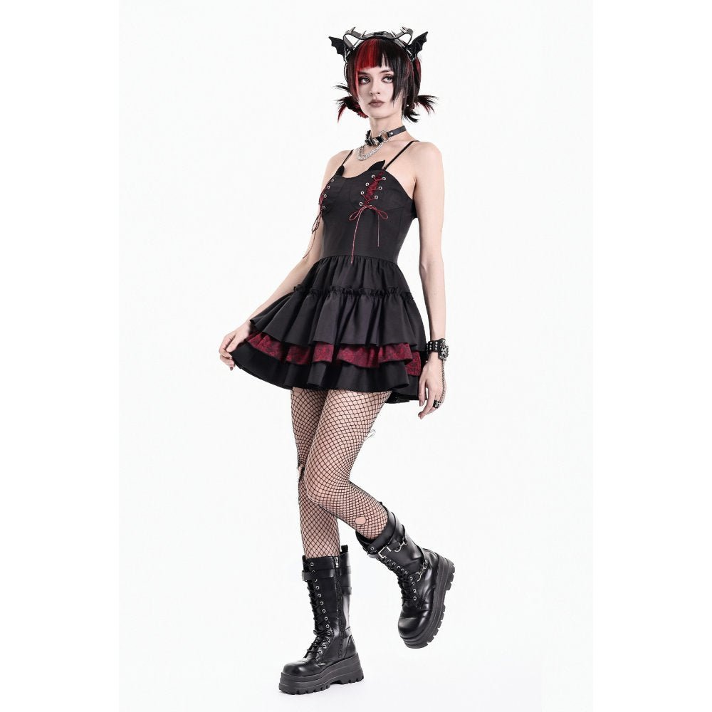 Vestido Mini Gothic Lolita Negro con Cordones Burdeos y Cuernos, foto 9