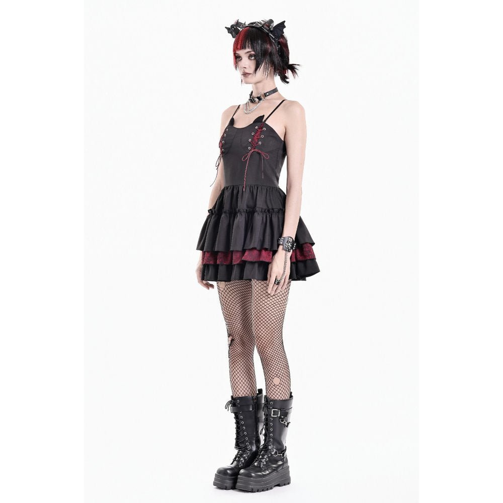 Vestido Mini Gothic Lolita Negro con Cordones Burdeos y Cuernos, foto 12