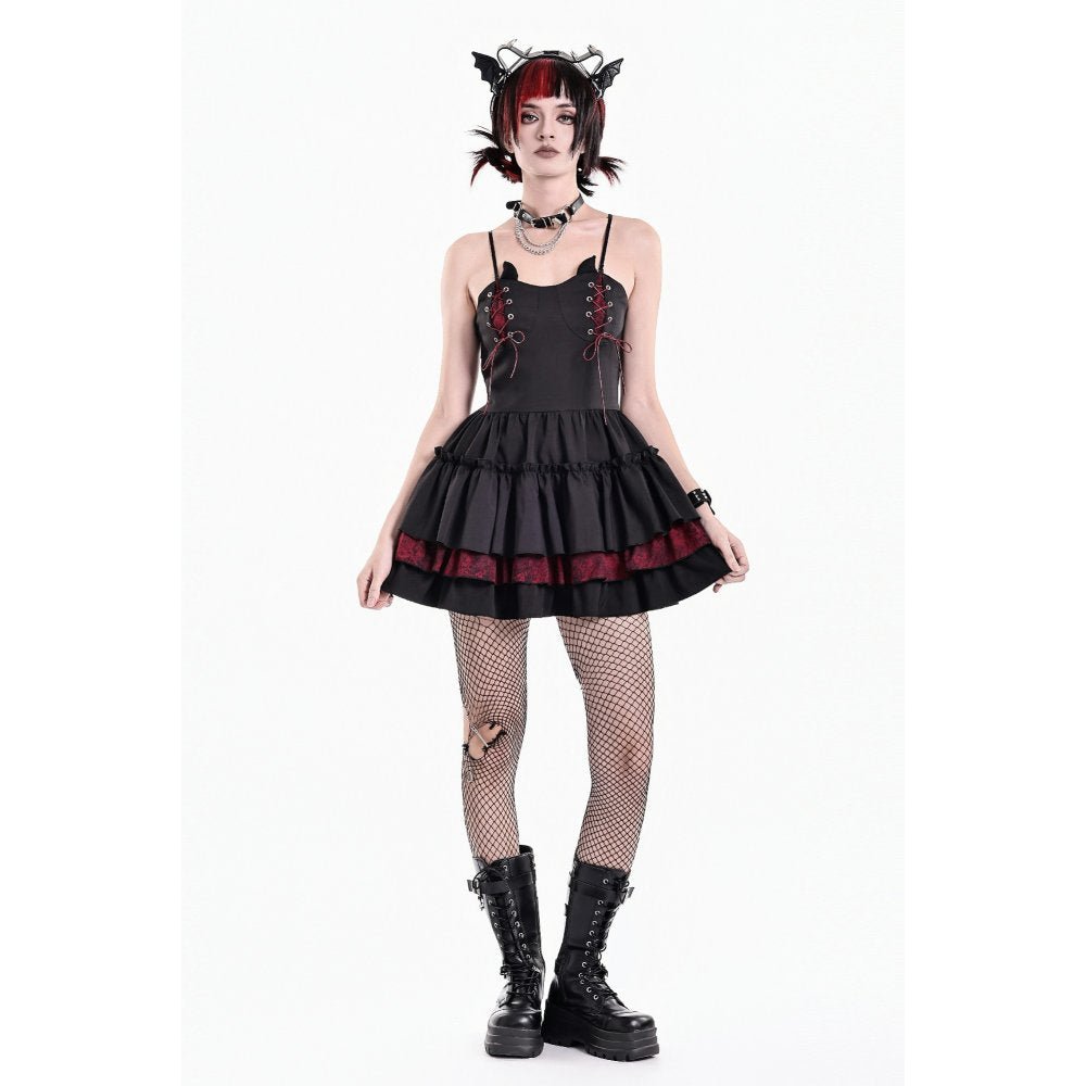 Vestido Mini Gothic Lolita Negro con Cordones Burdeos y Cuernos, foto 7