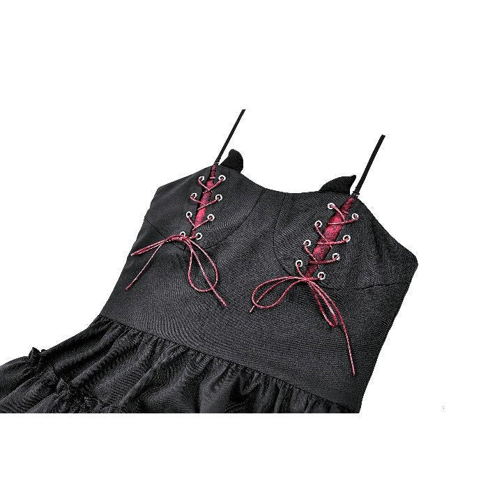 Vestido Mini Gothic Lolita Negro con Cordones Burdeos y Cuernos, detalle de los cordones burdeos del pecho