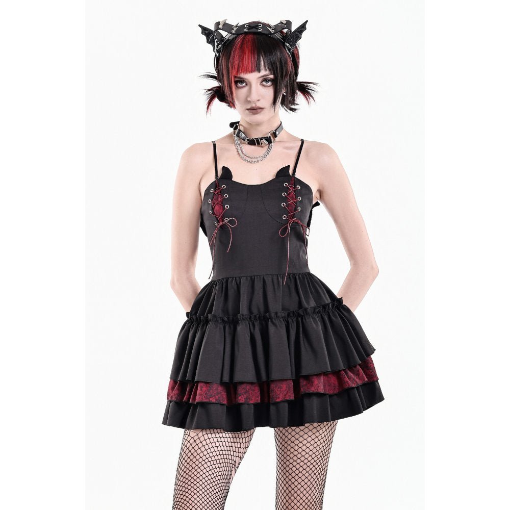 Vestido Mini Gothic Lolita Negro con Cordones Burdeos y Cuernos, foto 4