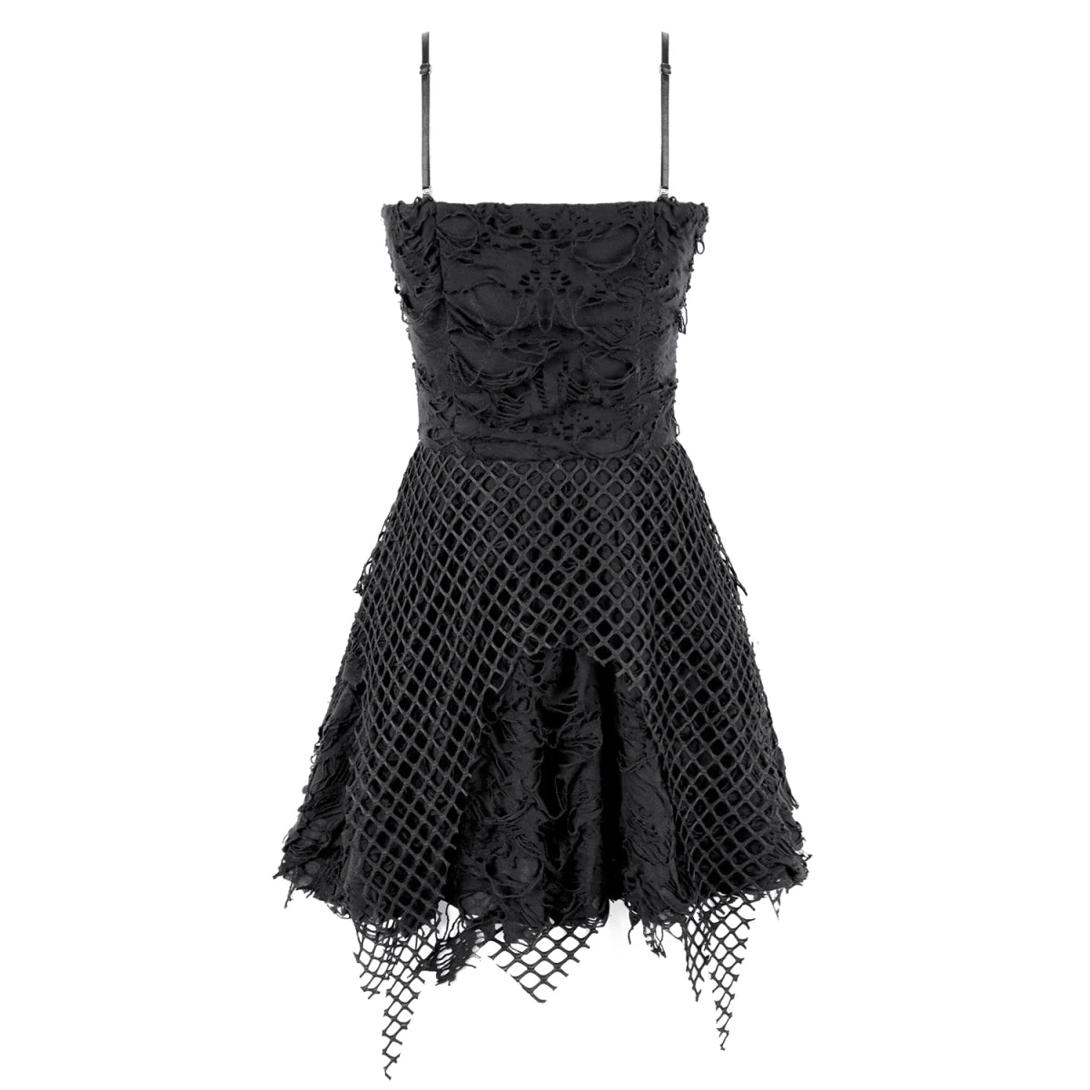 Vestido Mini Punk Negro con Efecto Rasgado, Rejilla y Cadenas - Crazyinlove