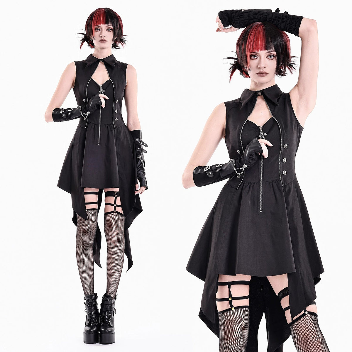 Vestido Punk Halter con Cola y Cremallera DW1208: modelo de cuerpo entero y en medio plano, dos poses