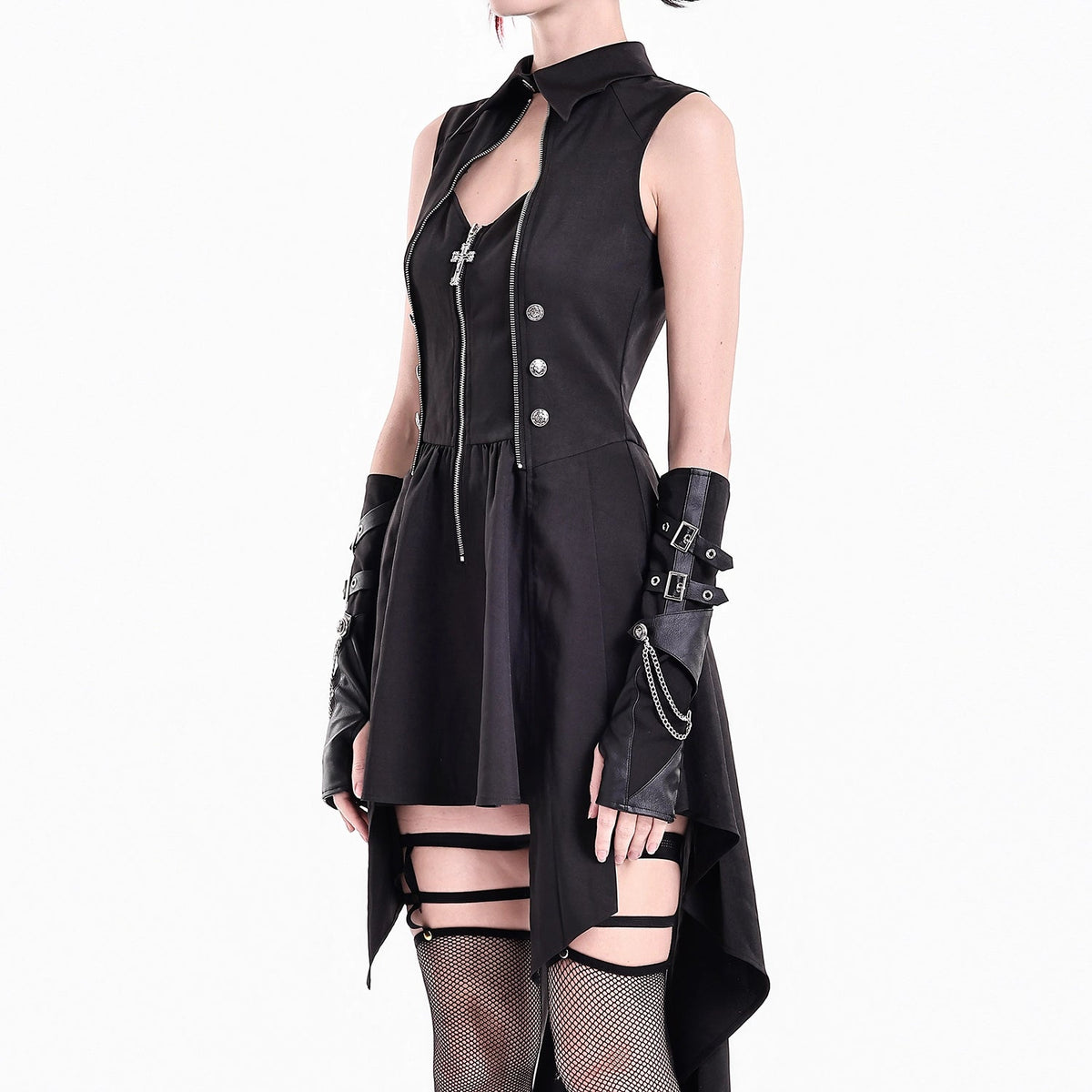 Vestido Punk Halter con Cola y Cremallera DW1208 de perfil, se ve la cola trasera