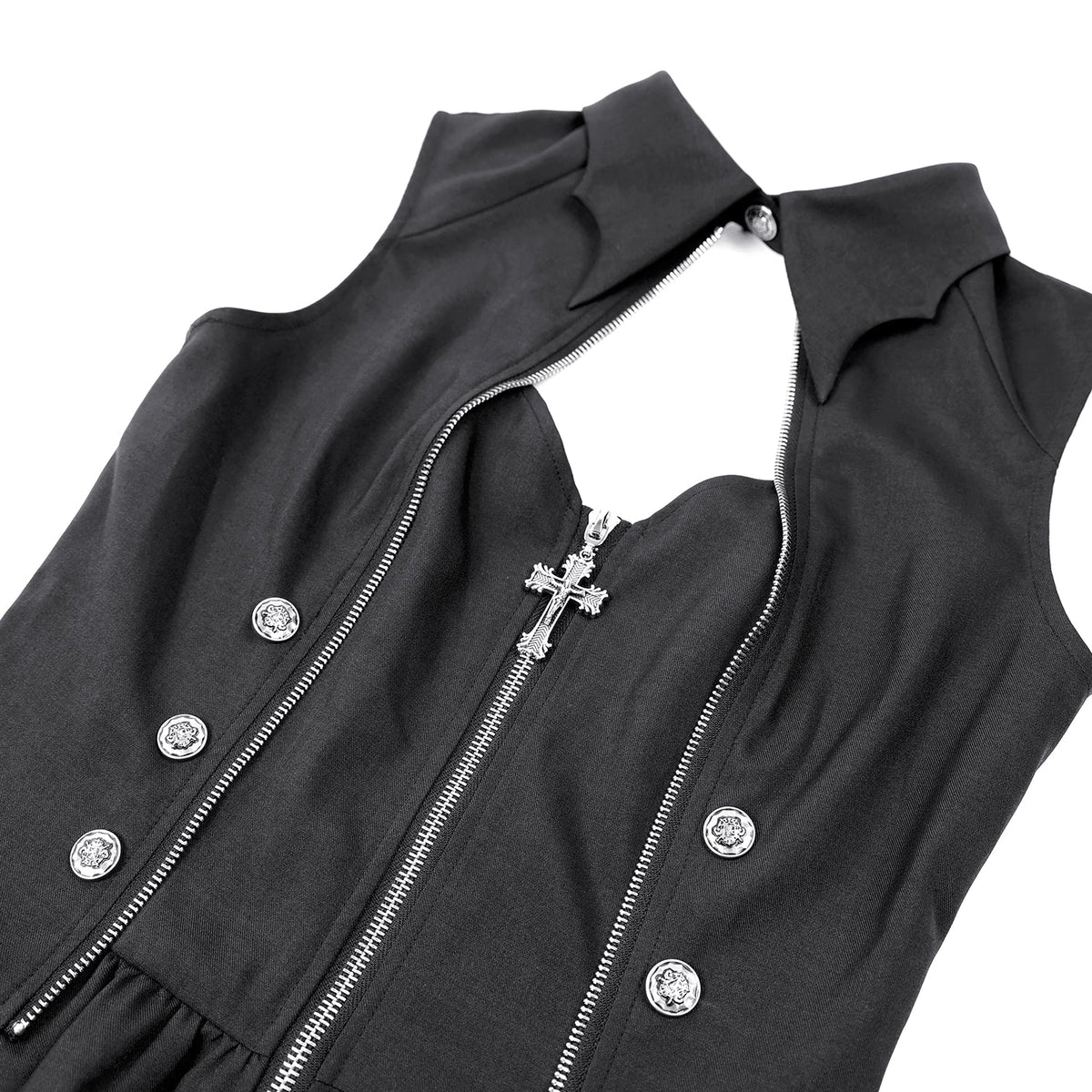 Vestido Punk Halter con Cola y Cremallera DW1208: detalle del escote en gota con cruz plateada y cremallera