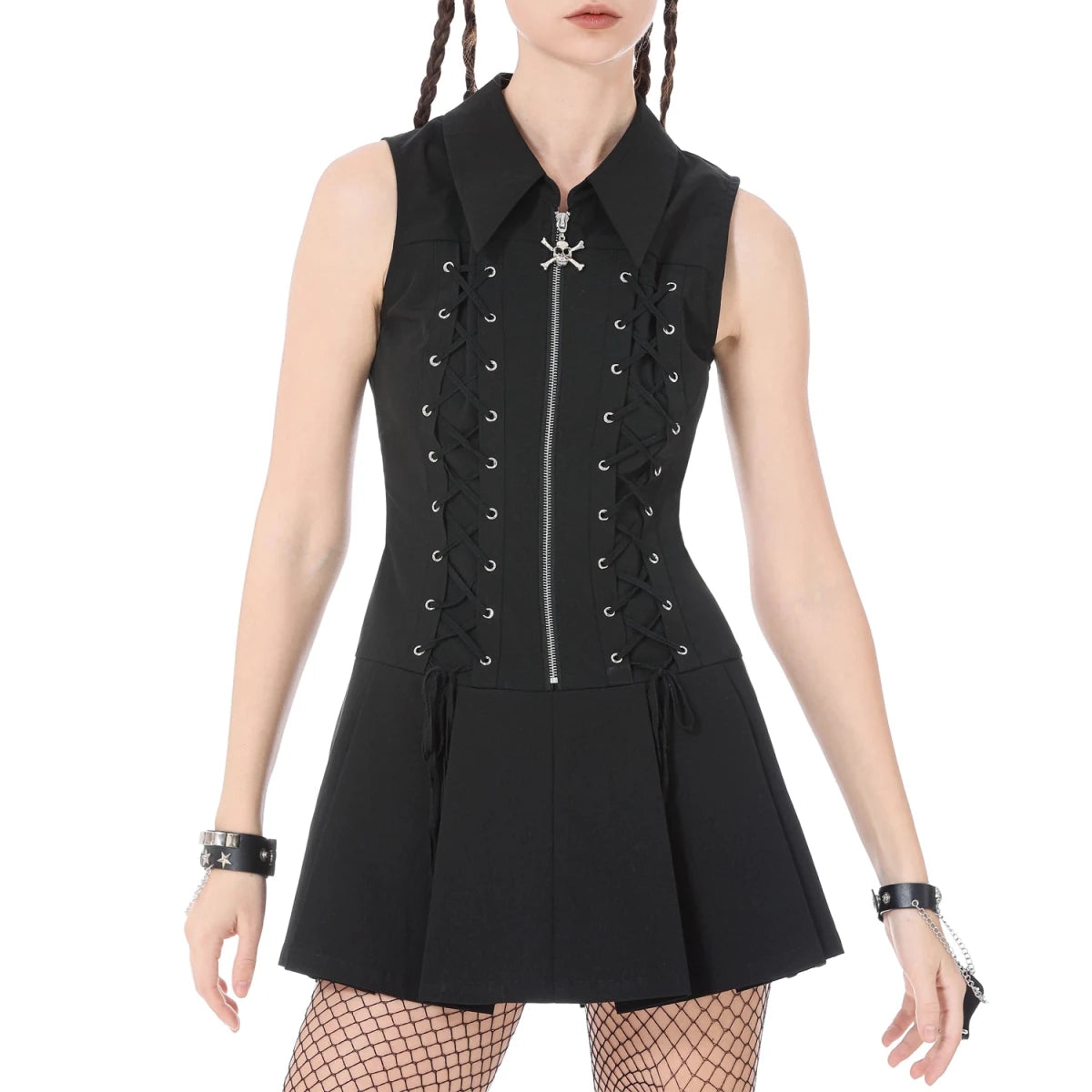 Vestido Punk Mini con Cremallera, Calavera y Cordones - Crazyinlove