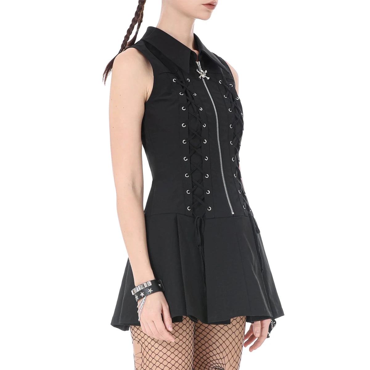 Vestido Punk Mini con Cremallera, Calavera y Cordones - Crazyinlove
