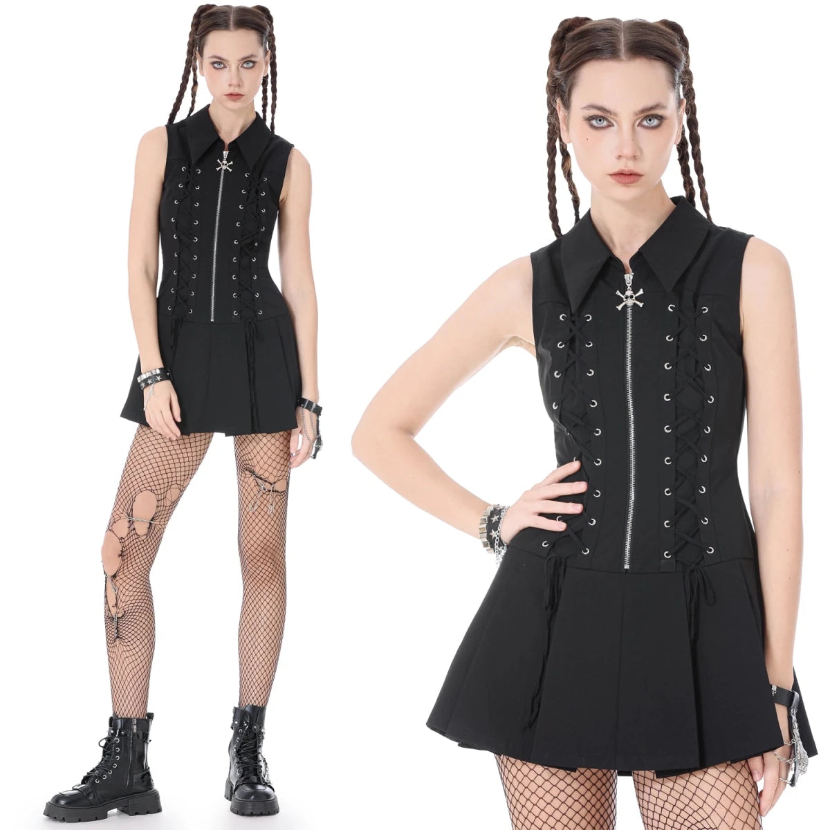 Vestido Punk Mini con Cremallera, Calavera y Cordones - Crazyinlove