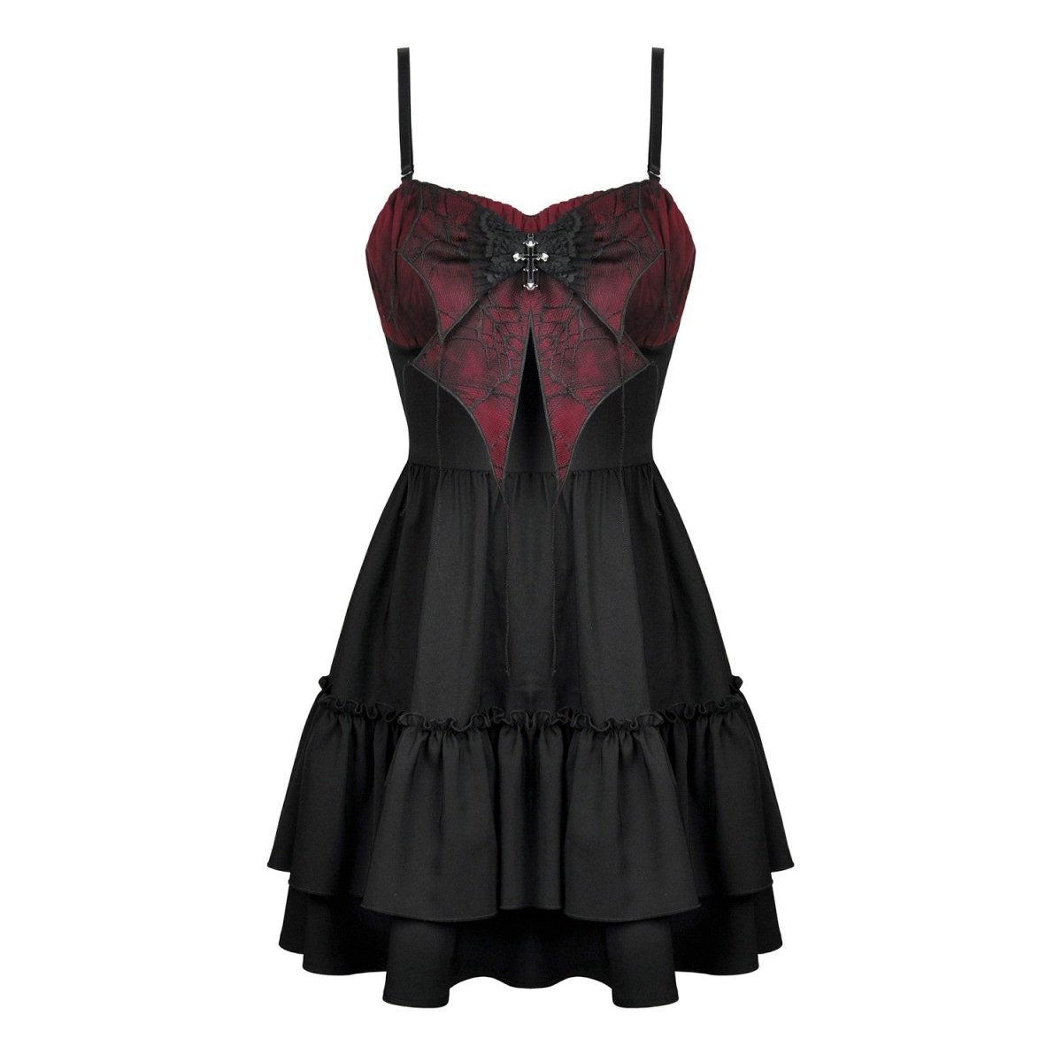 Vestido rojo y negro con lazo y cruz - detalle de cruz