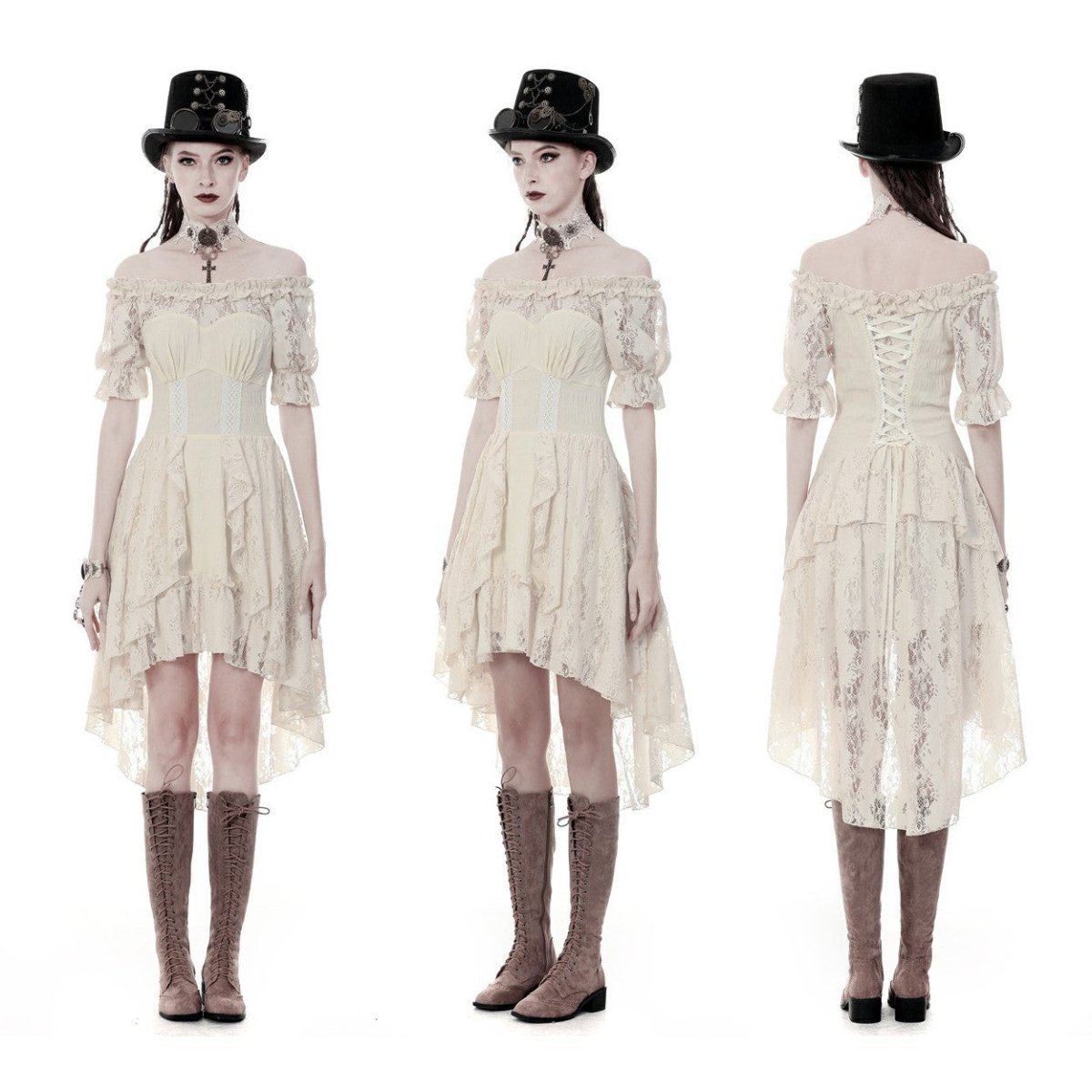 Vestido color crema visto de frente, de lado y de espalda con cordones