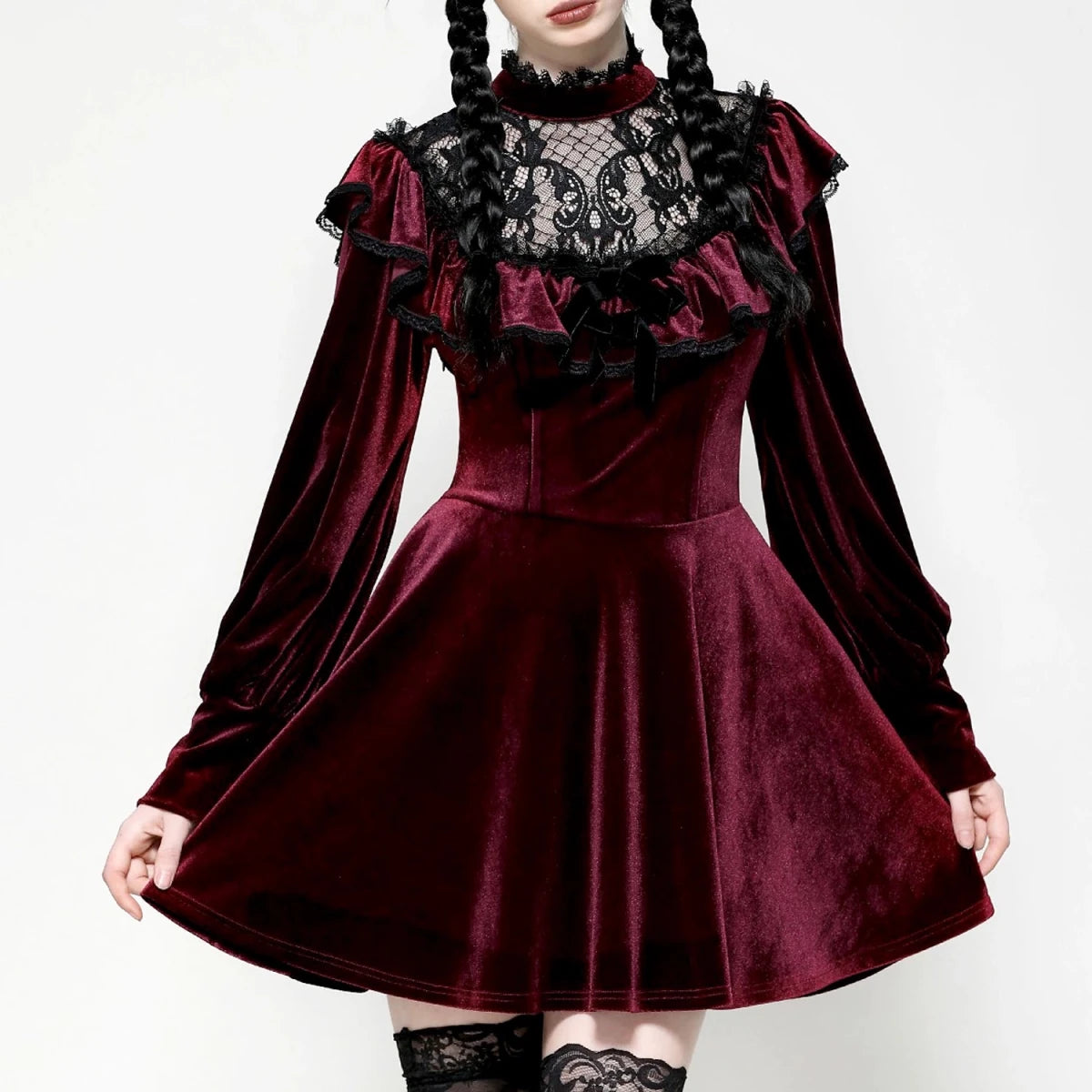 Vestido Terciopelo Burdeos con Capelina Encaje - Crazyinlove