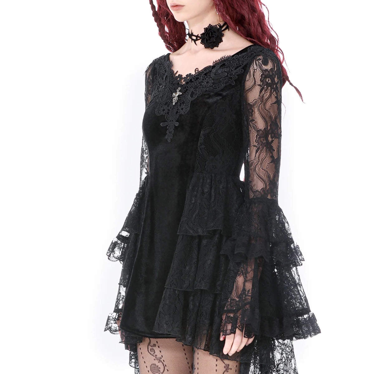 Vestido Terciopelo y Encaje con Mangas Pagoda - Crazyinlove