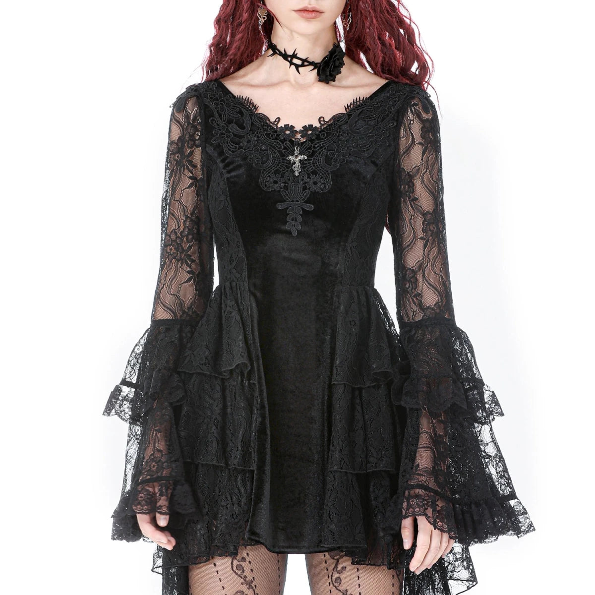 Vestido Terciopelo y Encaje con Mangas Pagoda - Crazyinlove
