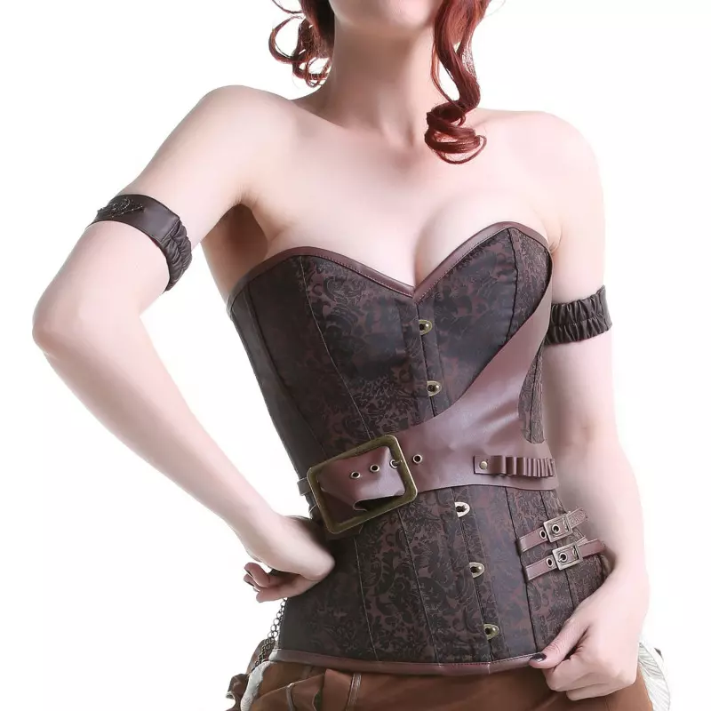 Womens Faux Leather Steampunk Sexy Corset Belt Bustier(2XL, Brown +Coffee)  at  Women's Clothing store