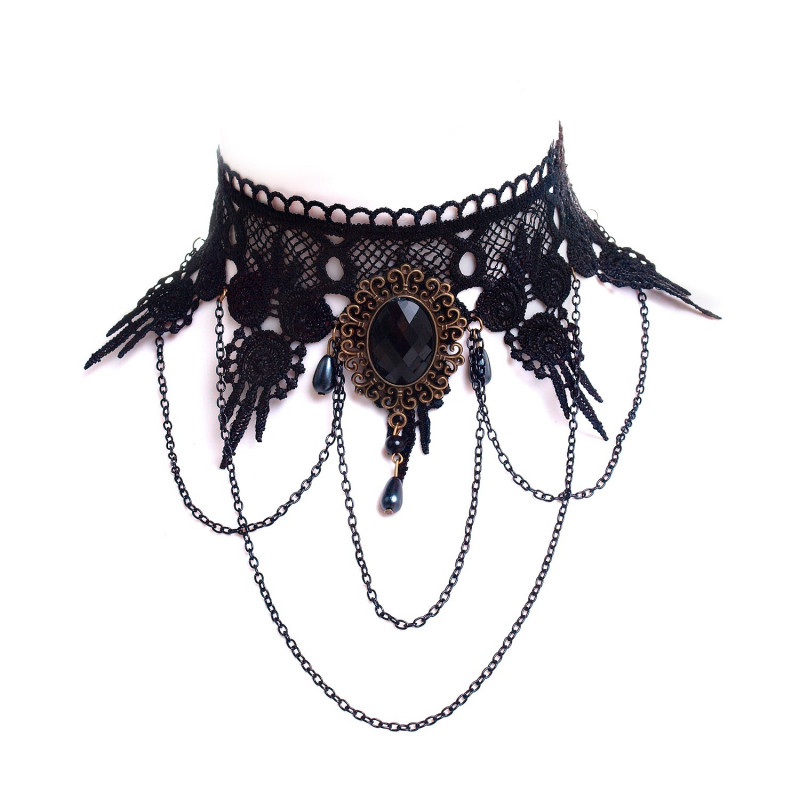 Gargantilla Negra con Piedra y Cadenas
