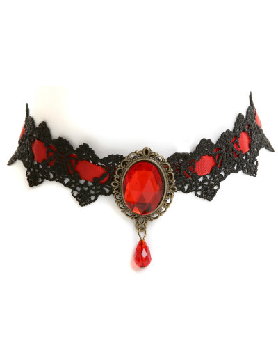 CHOCKER NEGRO Y ROJO CON PIEDRA