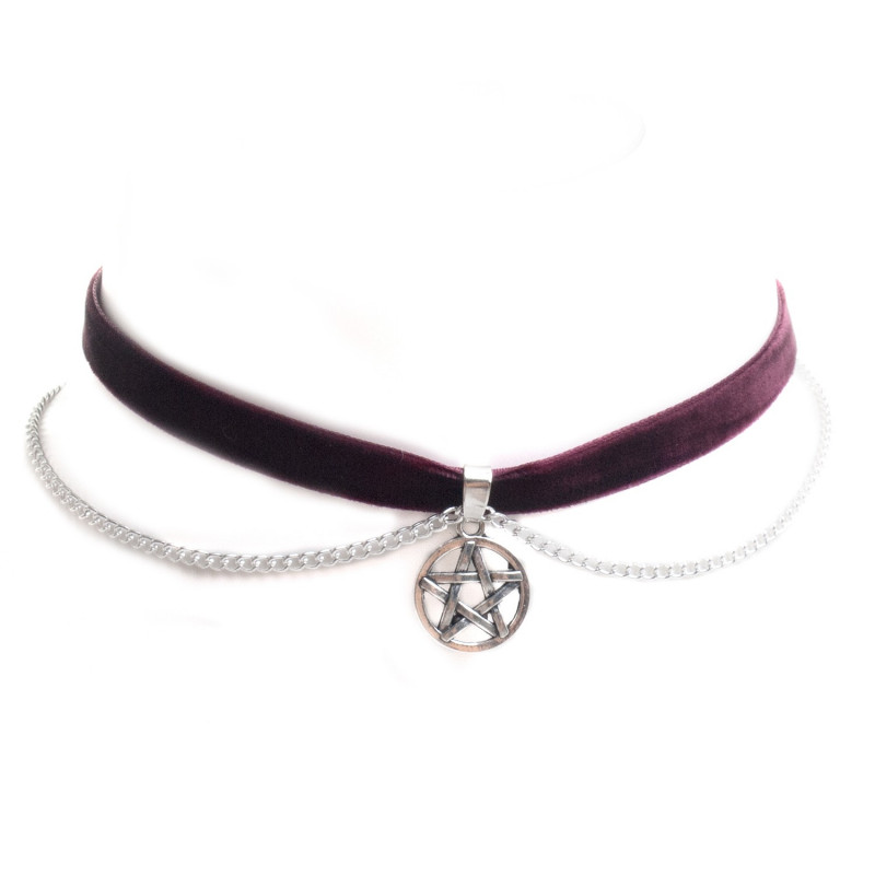 Gargantilla de Terciopelo Morado con Pentagrama y Cadena