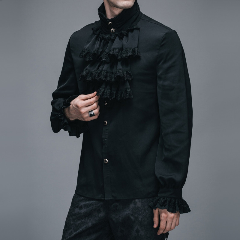 Black Shirt with Ruffle Neck for Men
