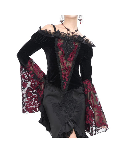T-Shirt en Velours et Dentelle Rouge