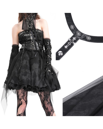 Vestido Curto com Couro Sintético