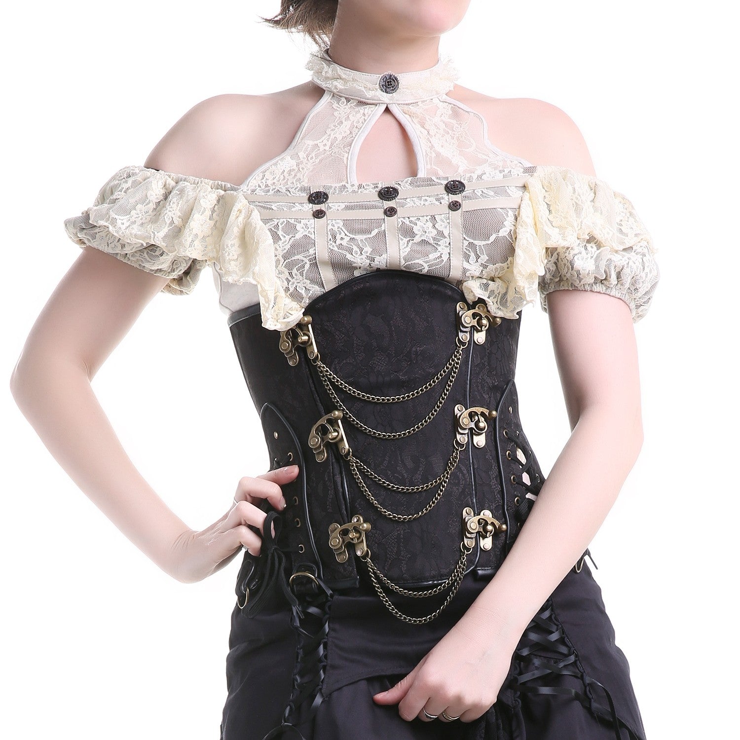 Corset Negro Bajo Pecho con Broches y Cadenas 