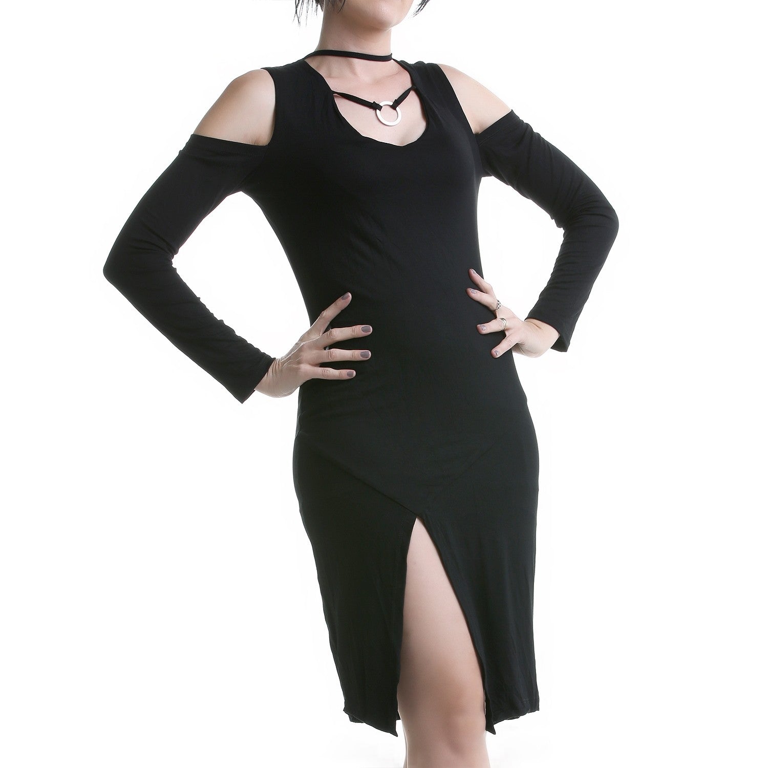Vestido Corto de Manga Larga con Cruzado y Anilla