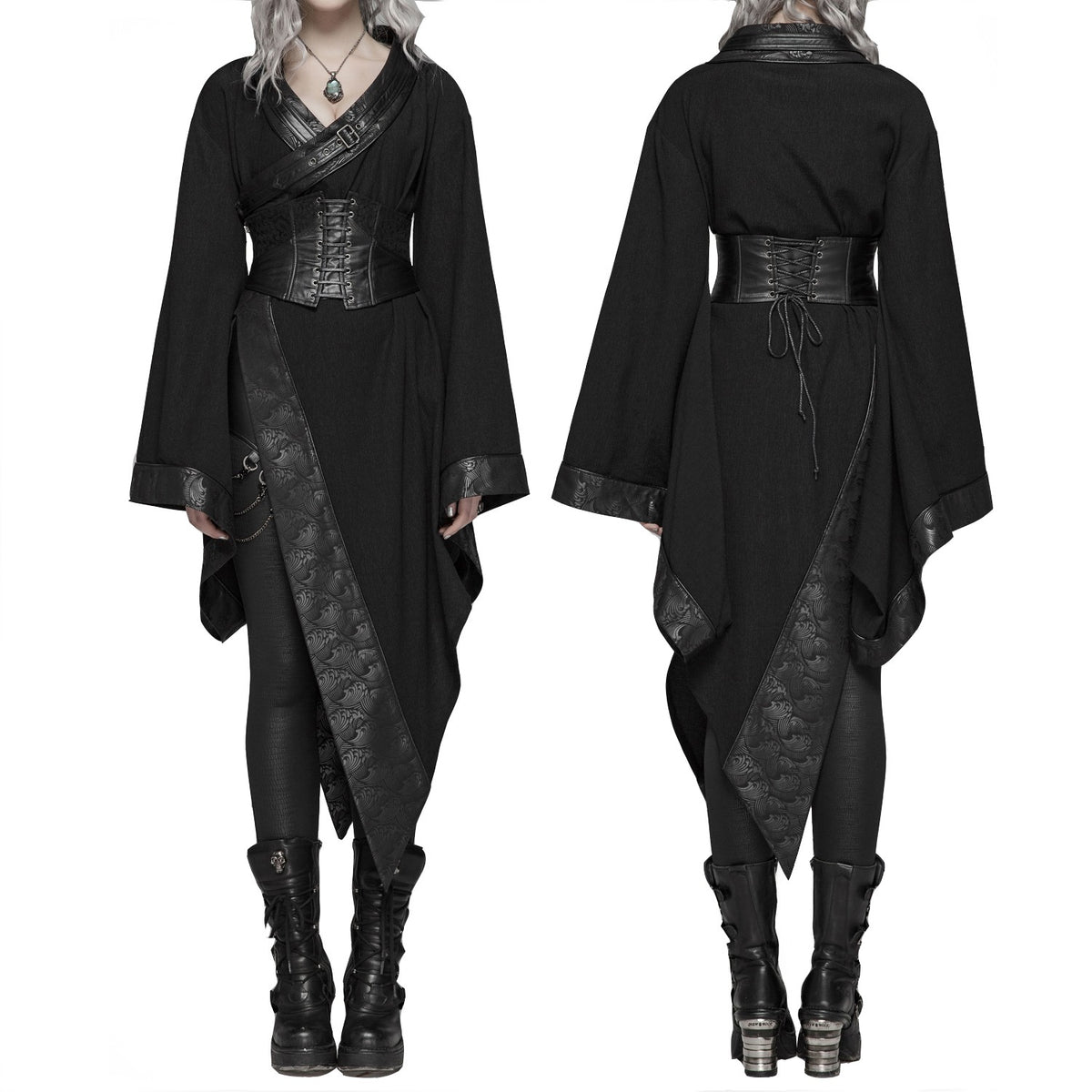 Chaqueta kimono gótica negra, vista frontal y trasera con el cinturón corsé