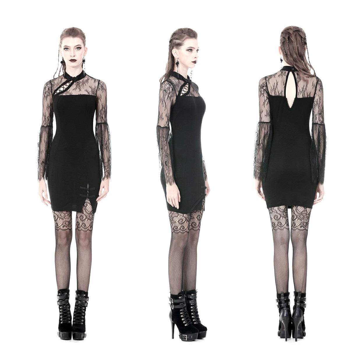 VESTIDO CON MANGAS Y PECHO DE ENCAJE