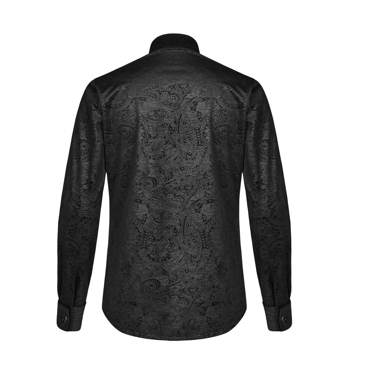 Espalda de la camisa negra de hombre con el estampado paisley