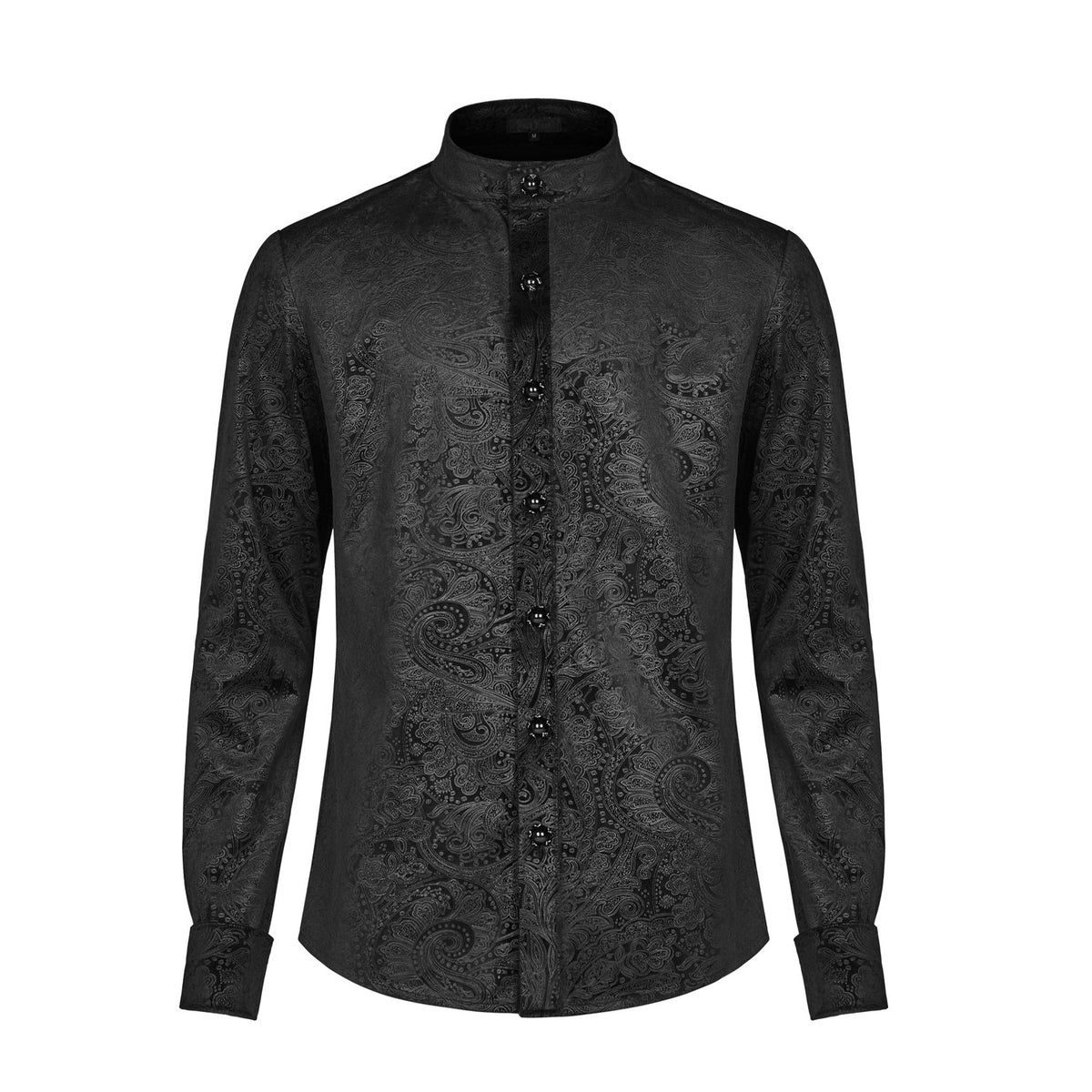 Delantero de la camisa gótica de hombre negra con tapeta lisa y botones joya