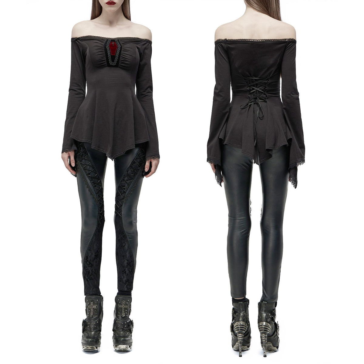 Camiseta gótica negra con leggings, vista frontal y trasera