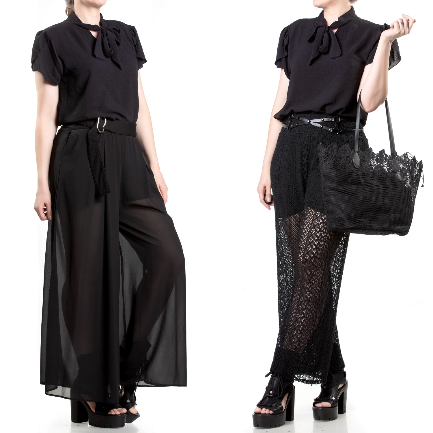 Blusa Negra con Cuello de Lazo y Manga Tulipán