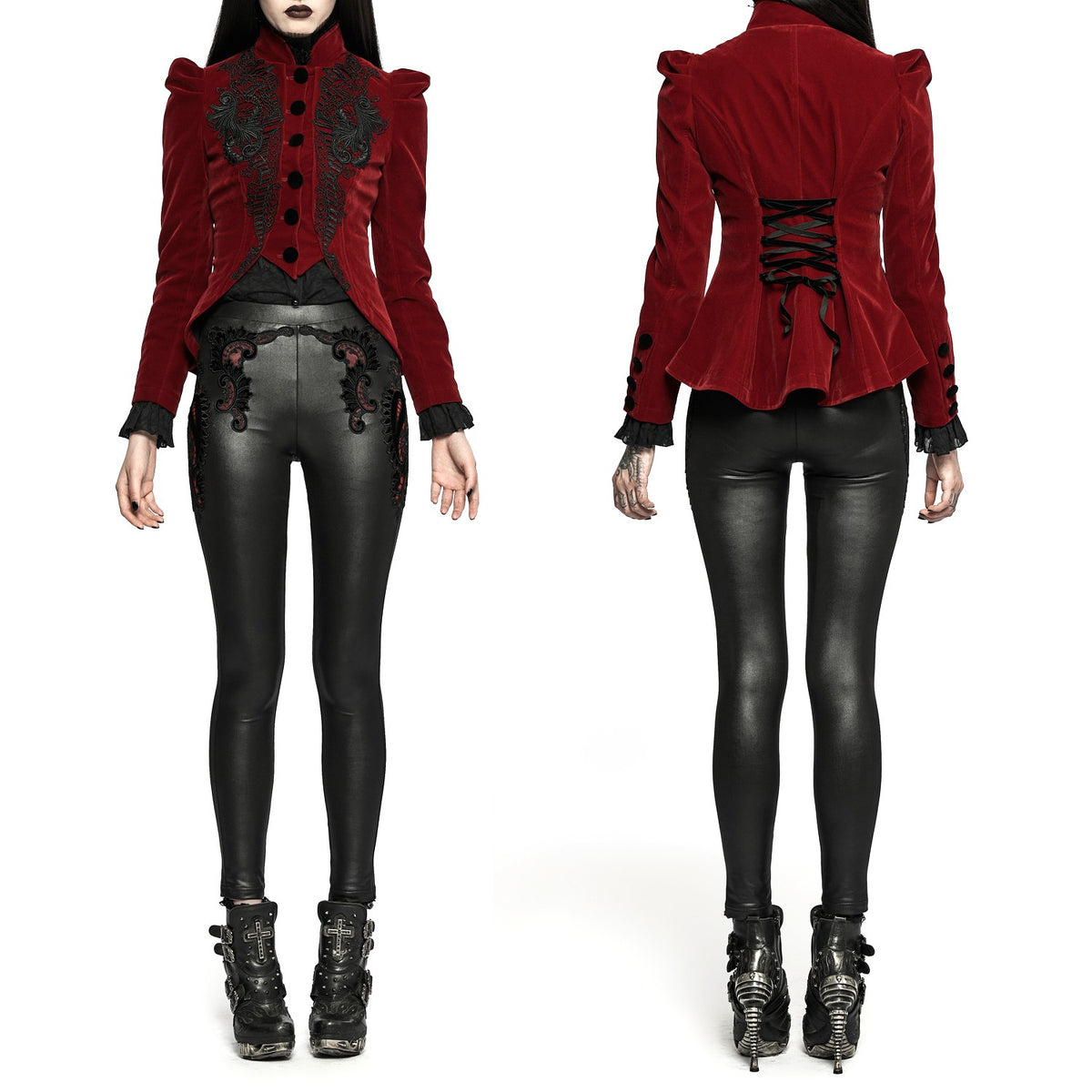 Chaqueta de terciopelo rojo con leggings negros, vista frontal y trasera
