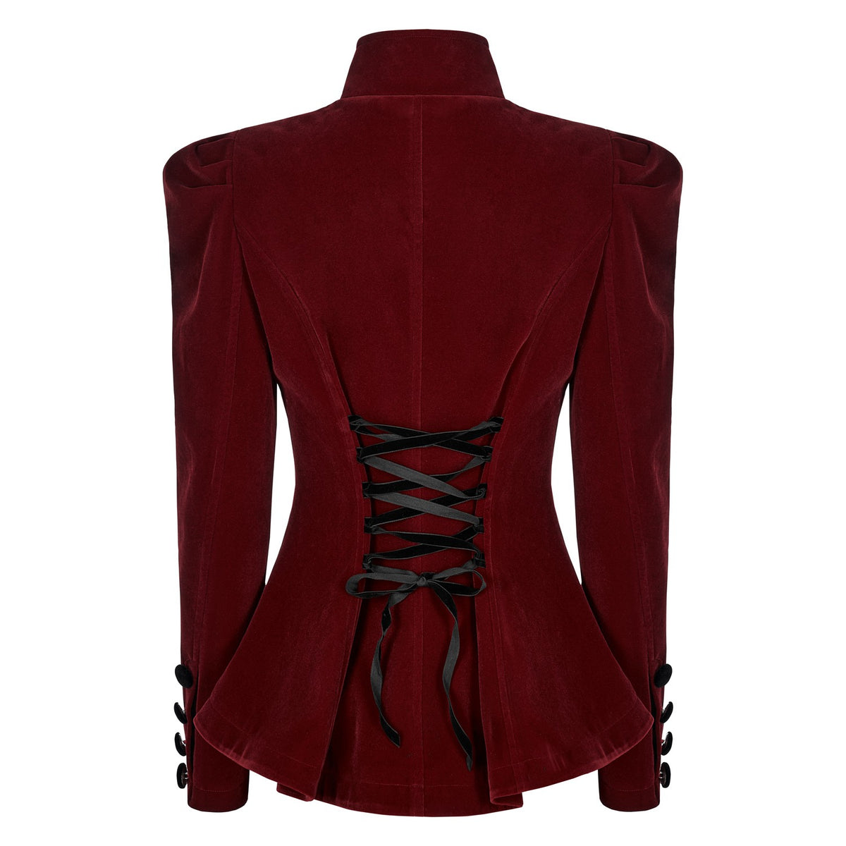 Espalda de la chaqueta roja con cordones de raso negro y faldón
