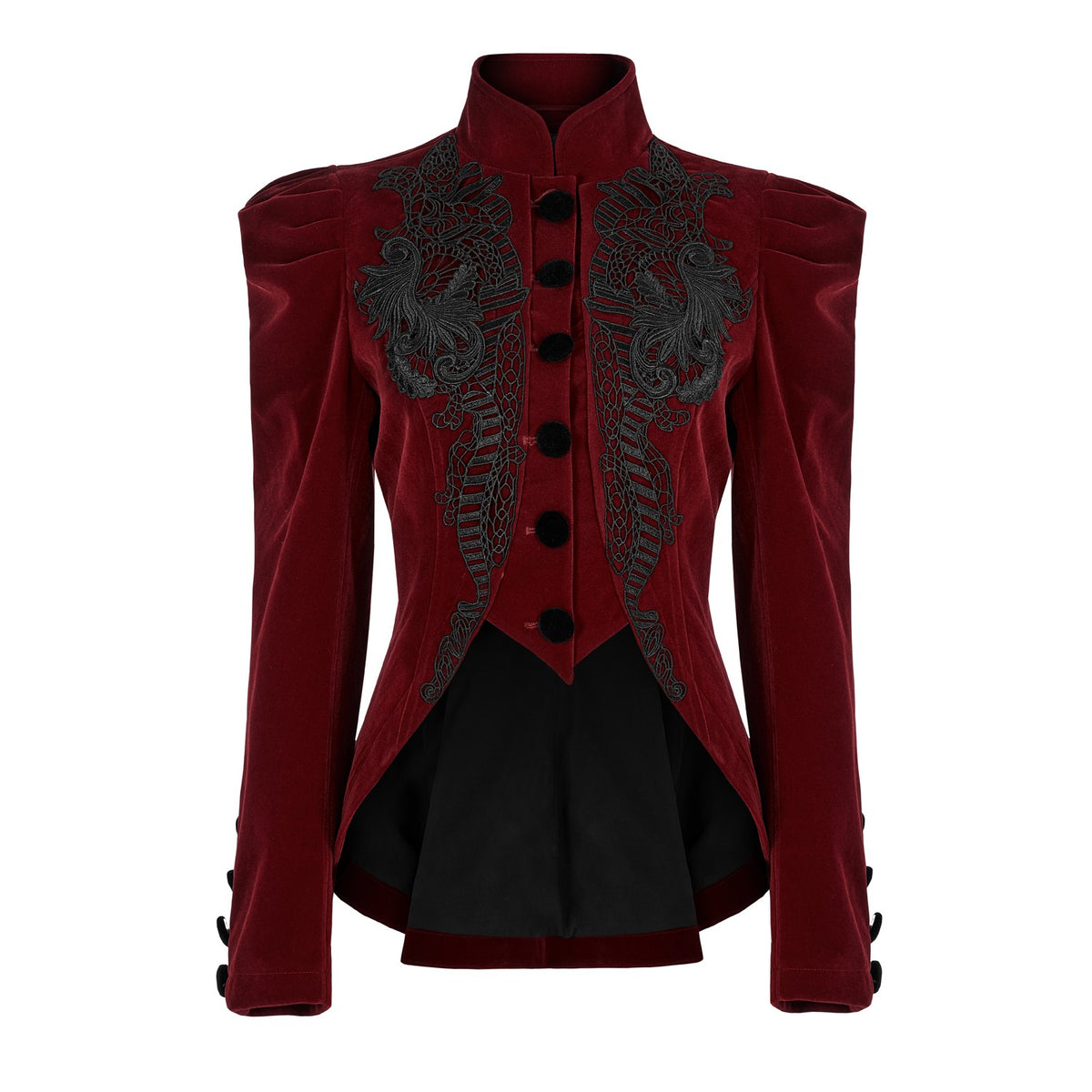 Delantero de la chaqueta victoriana roja con cuello alto, encaje y botones de terciopelo