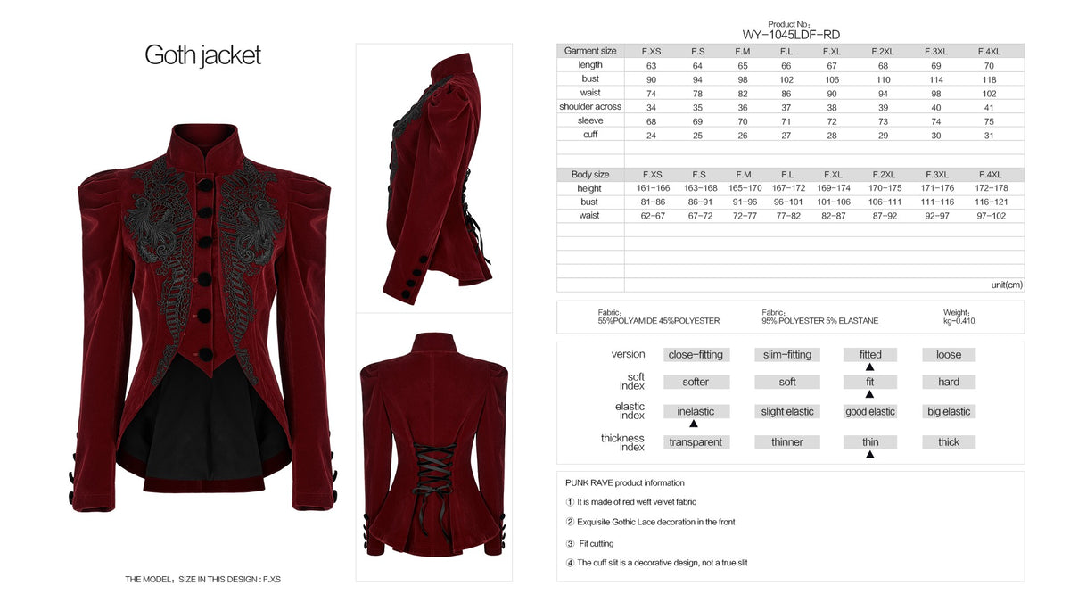 Ficha técnica de la chaqueta de terciopelo rojo con tabla de medidas y composición