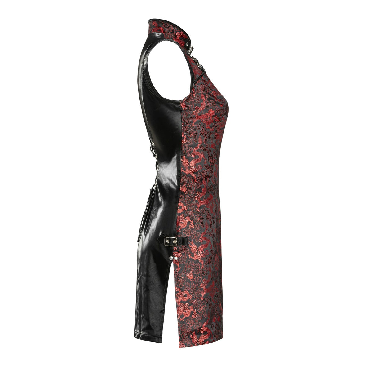 Lateral del vestido chino con hebilla en la cadera y abertura en el bajo