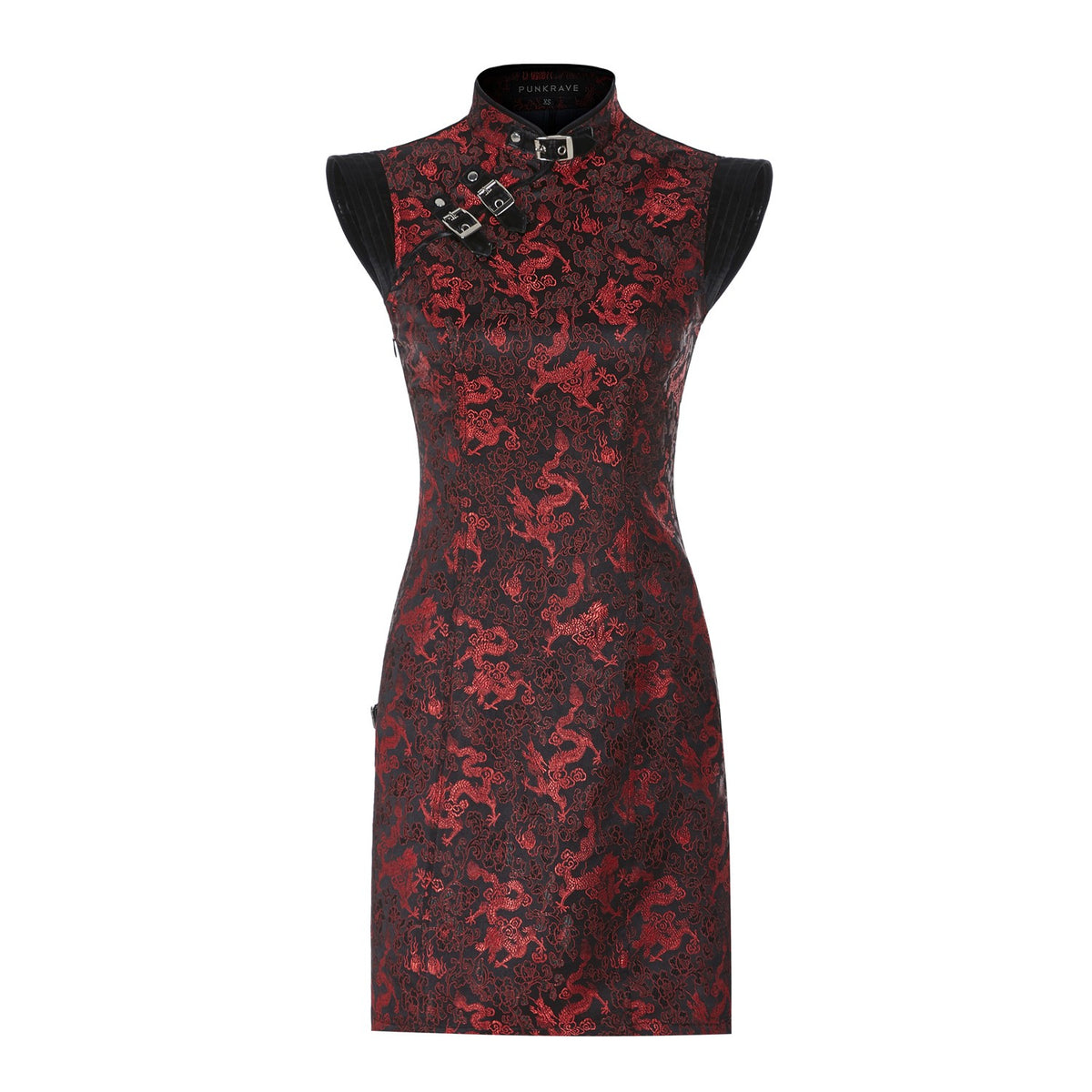 Delantero del vestido qipao de jacquard rojo con dragones y hebillas en el pecho