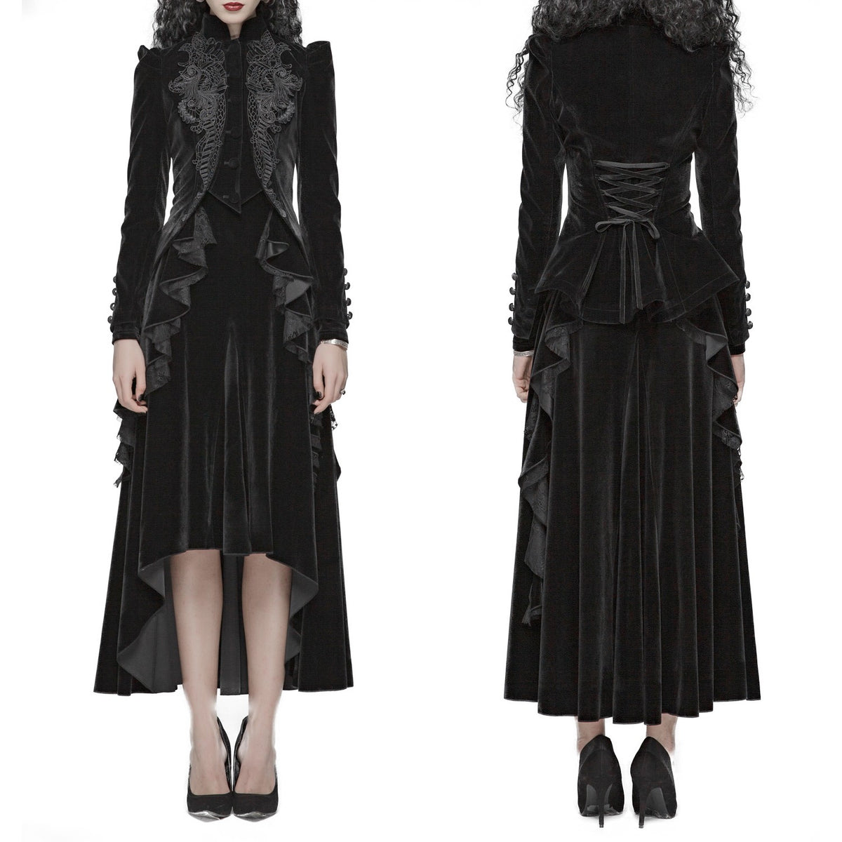 Chaqueta de terciopelo negro con falda larga, vista frontal y trasera