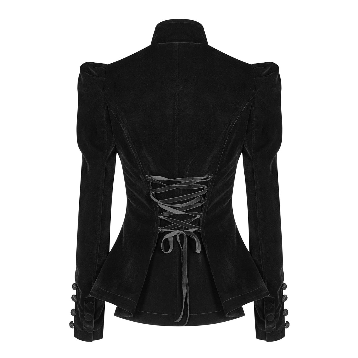Espalda de la chaqueta negra con cordones de cinta de terciopelo