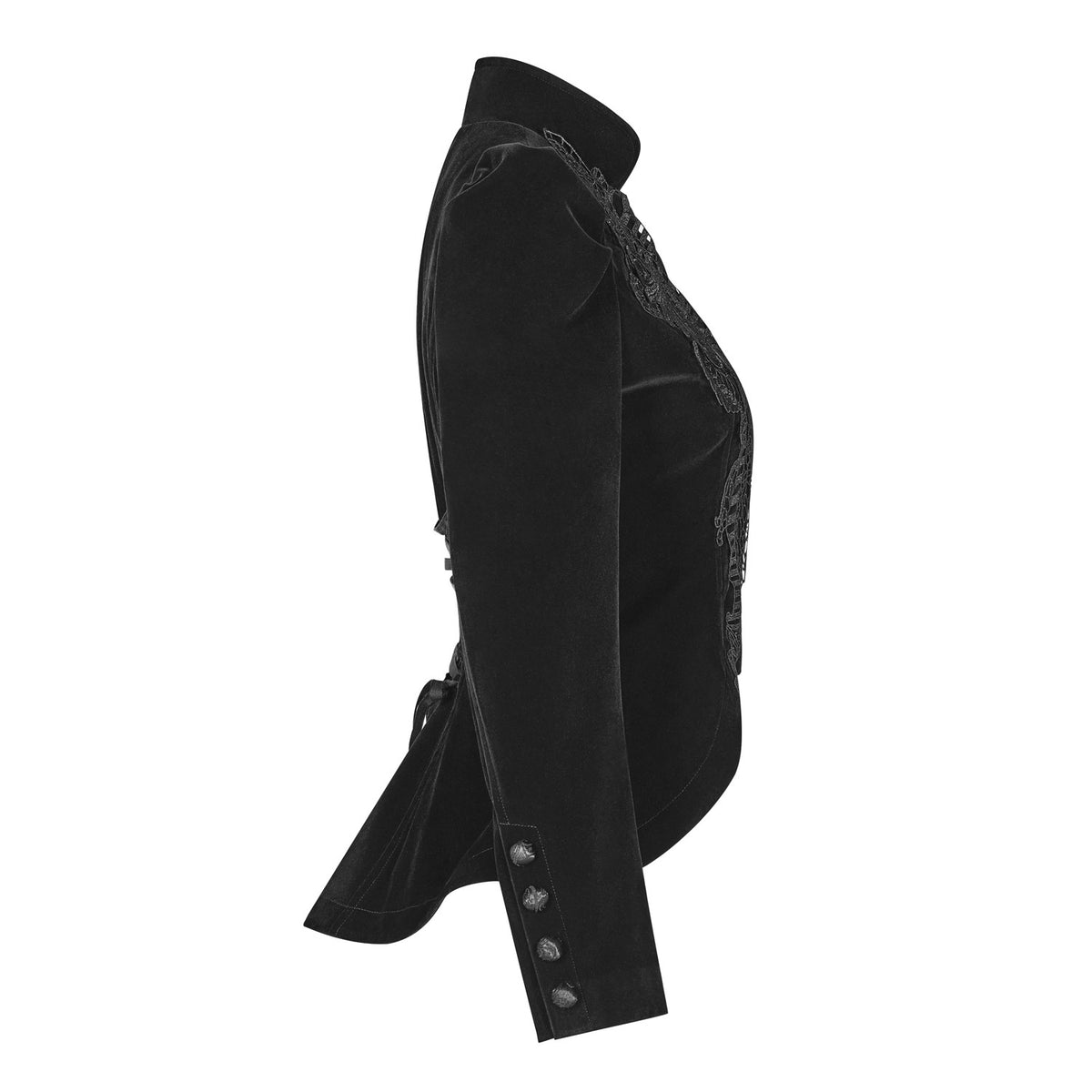 Lateral de la chaqueta de terciopelo negro con faldón y botones en el puño
