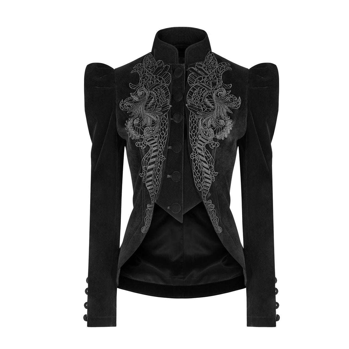 Delantero de la chaqueta victoriana negra con cuello alto y encaje bordado