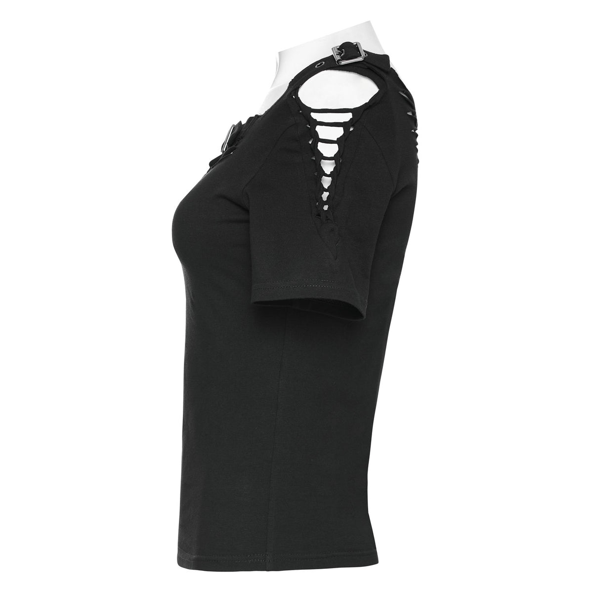 Lateral de la camiseta punk con la manga cortada y la hebilla del hombro