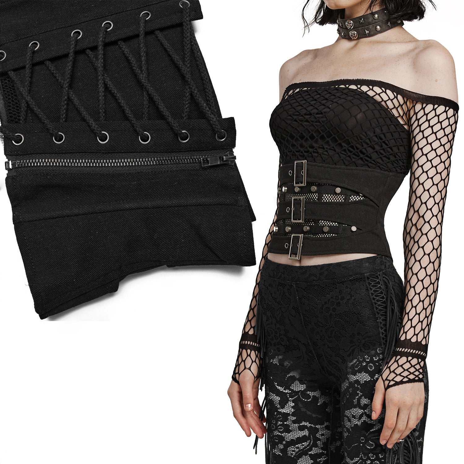 Underbust corset with mesh and buckles