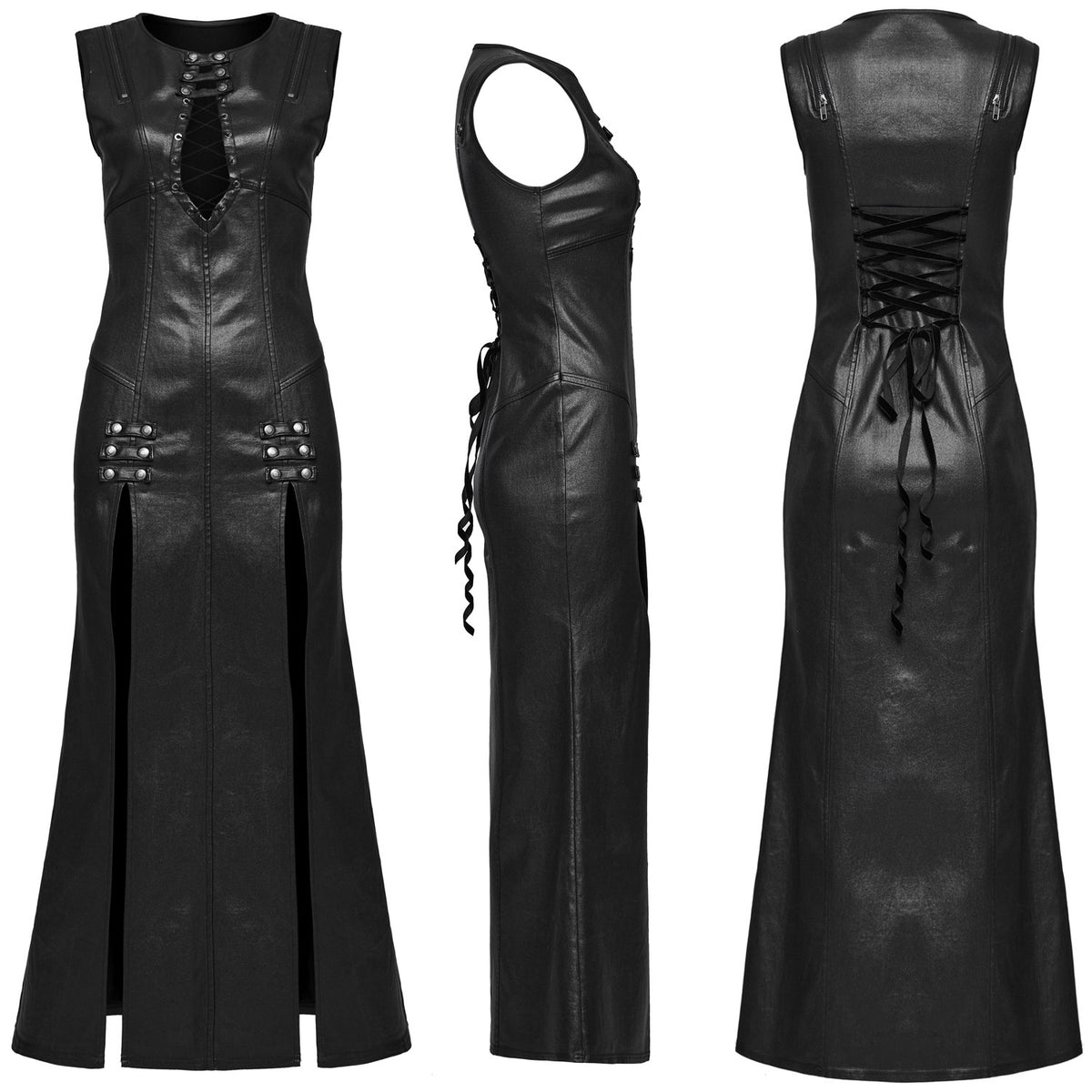 Vestido largo de polipiel negro sin modelo: delantero, lateral y espalda