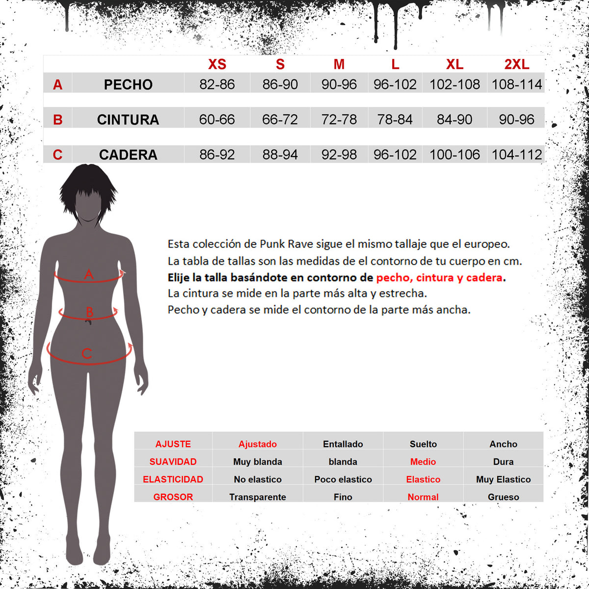 Guía de tallas del vestido de polipiel en español con ajuste, suavidad, elasticidad y grosor