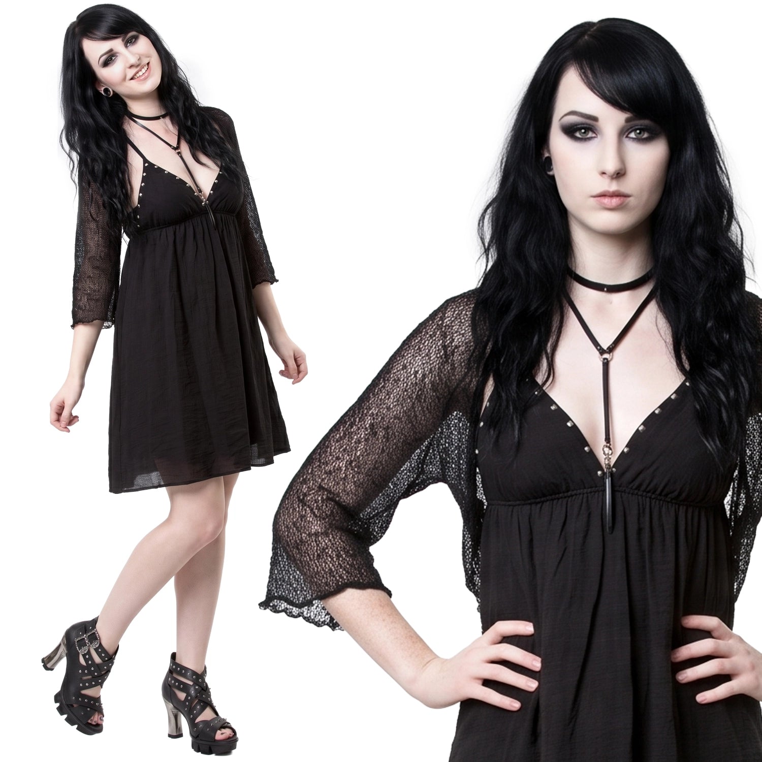 Vestido Corto Negro Babydoll con Tachuelas Plateadas