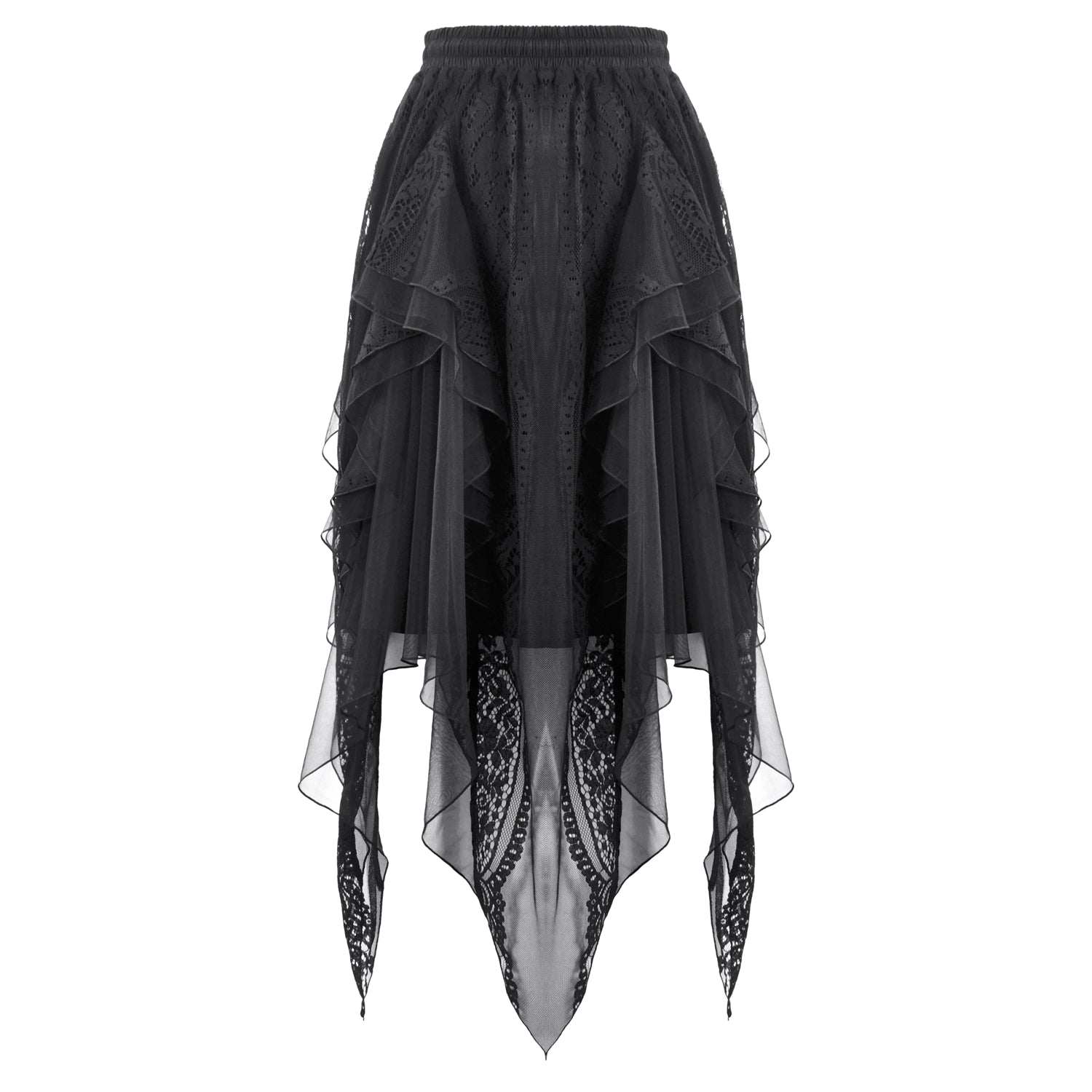 Falda Midi Asimétrica de Picos con Encaje y Tul