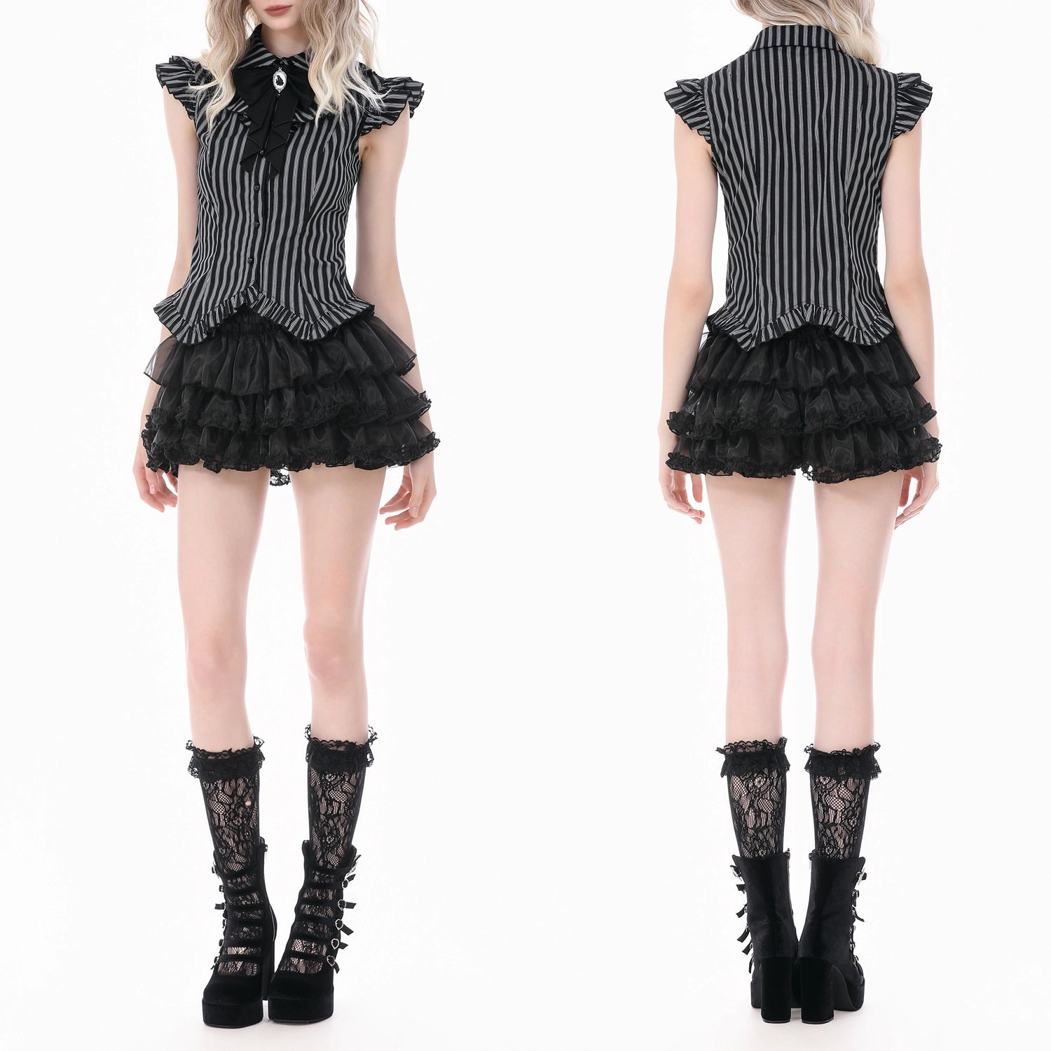 Blusa a Rayas con Broche Camafeo y Volantes